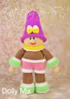 Dolly Mix knitting pattern. Knitted toy doll approximately 34cm tall, featuring brown hair, a colorful dress with purple, pink, and white stripes, and lime green accents.