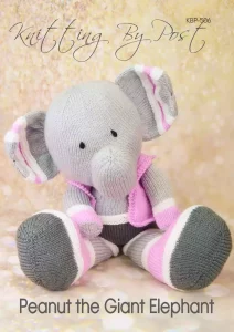 Peanut the Giant Elephant toy knitting pattern. Knitted grey elephant with large floppy ears and a curved trunk, approximately 70cm tall.