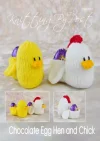 Chocolate Egg Hen and Chick knitting pattern. Easter-themed knitted toys approximately 9cm high and 11cm from front to back, featuring a white hen and yellow chick, each designed to hold a chocolate egg.