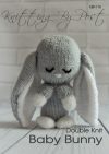 Baby Bunny knitting pattern. Grey-colored knitted toy rabbit approximately 15cm tall, featuring a soft, cuddly design, perfect for Easter gifts, nurseries, or baby showers.