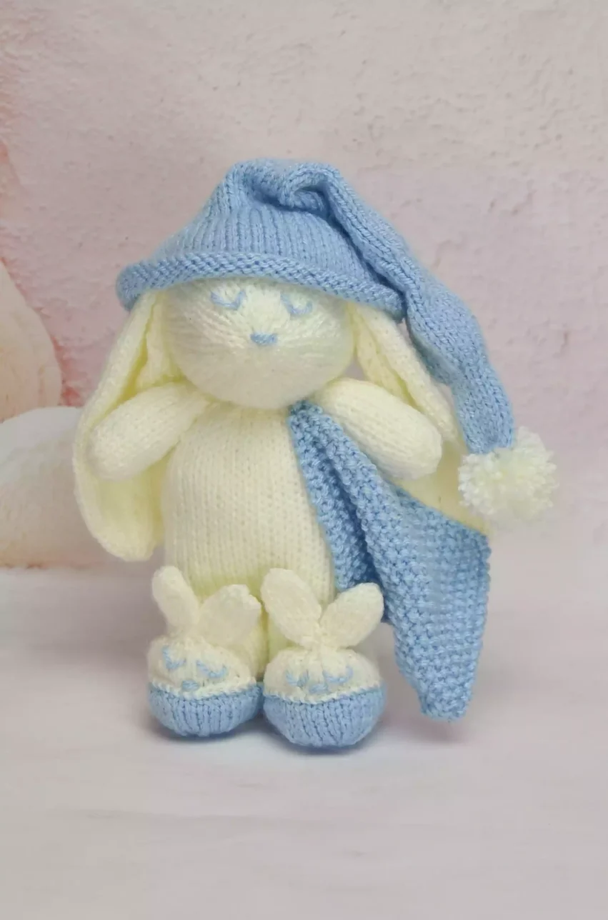 winkie the bed time bunny rabbit knitting pattern baby soft toy beginner easy knitted leaflet