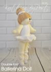 Ballerina Doll knitting pattern. Cream-colored knitted toy doll approximately 28cm tall, featuring a white frilly tutu, ballet slippers, and brown hair styled in a bun.