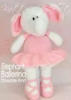Elephant Ballerina knitting pattern. White-colored knitted toy elephant approximately 33cm tall, featuring a fixed pink tutu and ballet slippers, embodying a ballet theme.