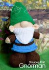 Gnorman the Gnome knitting pattern. Cream-colored knitted toy gnome approximately 30cm tall, featuring a brown outfit, blue trousers, green hat, and a white beard, embodying a whimsical garden theme.