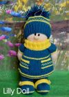 Lilly Dolly knitting pattern. Cream-colored knitted toy doll approximately 35cm tall, featuring a blue dress with yellow accents and a matching pom-pom hat, embodying a playful theme.