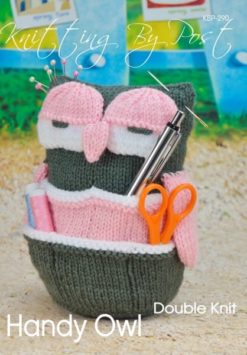 Handy Owl knitting pattern. Grey and pink knitted toy owl approximately 16cm tall, featuring 10 pockets for holding small items, making it a functional desk organizer or gift for teachers