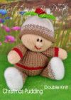 Christmas Pudding knitting pattern. Christmas-themed knitted toy approximately 19cm tall when seated, featuring a brown 'pudding' body, white icing top, and decorative red berries with green leaves. Requires 50g brown yarn, 25g white and cream/flesh yarn, 10-15g red yarn, and a small amount of green yarn.