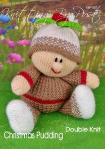 Christmas Pudding knitting pattern. Christmas-themed knitted toy approximately 19cm tall when seated, featuring a brown 'pudding' body, white icing top, and decorative red berries with green leaves. Requires 50g brown yarn, 25g white and cream/flesh yarn, 10-15g red yarn, and a small amount of green yarn.