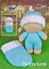 The Baby Bundle knitting pattern features a cream-colored knitted toy doll approximately 19cm tall, accompanied by a blue and white sleeping bag measuring about 15cm in length. This set is perfect for newborn gifts or baby showers, offering a charming and cozy addition to any nursery.