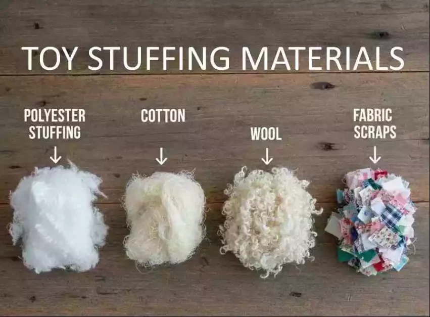 Different types of toy stuffing including polyester cotton and wool