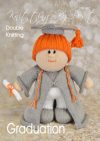 Graduation Doll knitting pattern. Cream-colored knitted toy doll approximately 30cm tall, featuring hair, a removable graduation gown, and a mortarboard hat