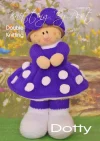 Dotty Doll knitting pattern. 1950s-themed knitted toy doll approximately 43cm tall, featuring a flared purple dress with white spots, a matching headscarf, and dancing shoes.