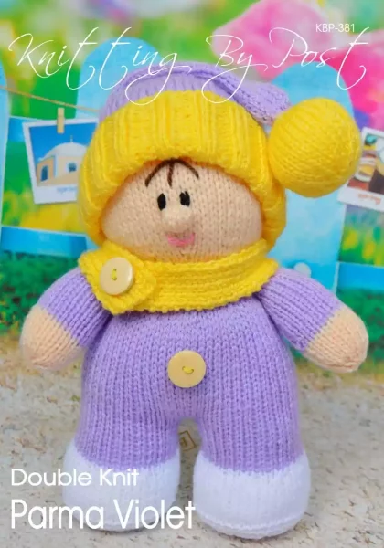 Parma Violet knitting pattern. Lavender-themed knitted toy doll approximately 26cm tall, featuring a lilac dress, cream accents, and a yellow hat with a pom-pom.