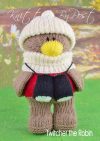 Twitcher the Robin toy knitting pattern. Knitted brown robin with a red breast, wearing a white hat and scarf, holding black binoculars for bird watchers