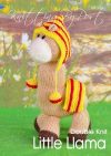 Little Llama toy knitting pattern. Knitted light brown llama with a yellow and red striped blanket, approximately 27cm tall.