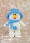 hort and Sweet Snowman toy knitting pattern. Knitted white snowman wearing a blue hat and scarf