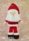 Jolly Santa toy knitting pattern. Knitted Santa Claus wearing a red suit with white trim, black boots, and a white beard, approximately 35cm tall when standing.