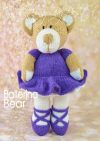 Ballerina Bear toy knitting pattern. Knitted brown teddy bear wearing a purple tutu, ballet slippers