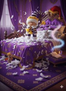 King at Bed Time toy knitting pattern. Knitted figure representing a king in purple pyjamas