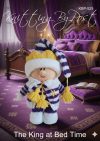 King at Bed Time toy knitting pattern. Knitted figure representing a king in purple pyjamas and yellow crown, approximately 25cm tall.