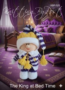 King at Bed Time toy knitting pattern. Knitted figure representing a king in purple pyjamas and yellow crown, approximately 25cm tall.