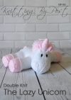 The Lazy Unicorn knitting pattern – white and pink knitted unicorn soft toy lying down, approximately 30cm long, knitted with double knitting yarn.