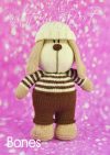 Bones the Dog knitting pattern – light brown knitted dog soft toy with dark brown ears and cream-colored snout, approximately 30cm tall, knitted with double knitting yarn.