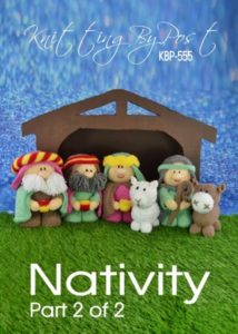 Part 2 Nativity Christmas knitting pattern booklet. Knitted figures of the Three Wise Men, a shepherd, and animals including a calf and sheep, completing the nativity scene.