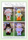 avourites Booklet 4 – Easter Egg Gifts knitting pattern collection. Includes four designs: Ronnie the Rabbit, Danny Duck, Egg Hero, and Violet. Each pattern features a knitted character approximately 23-25cm tall, designed to hold a small chocolate egg, making them perfect for Easter gifts.