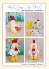 Favourites Booklet 5 – Easter Hen Chicks and Rooster knitting pattern collection. Includes patterns for Clucky the Hen (approximately 21cm tall), Chocolate Egg Chick and Hen (approximately 9cm tall), Roo the Rooster (approximately 32cm tall), and Robert the Rooster (approximately 25cm tall). Each design features double knitting yarn