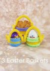 3 Easter Baskets knitting pattern. Set of three knitted baskets in small (7cm tall), medium (8cm tall), and large (9cm tall) sizes, featuring yellow bodies with blue, purple, and green accents, perfect for holding Easter treats.