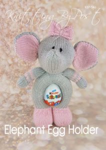 Elephant Egg Holder knitting pattern. Easter-themed knitted toy elephant approximately 23cm tall, featuring a grey body, pink inner ears, and designed to hold a chocolate egg.