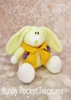 Bunny Pocket Treasures knitting pattern. Easter-themed knitted toy bunny approximately 22cm tall when seated, featuring yellow and orange body, white details, and pockets designed to hold chocolate eggs.