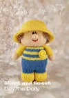 Dilly the Dolly knitting pattern. Knitted toy doll with brown hair, blue dress, and stitched facial features.