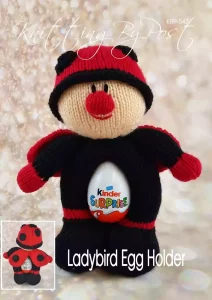 Ladybird Egg Holder knitting pattern. Easter-themed knitted toy ladybird approximately 19cm tall, featuring a red body with black spots, designed to hold a chocolate egg.