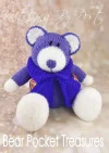 Teddy Bear Pocket Treasures knitting pattern. Easter-themed knitted toy bear approximately 22cm tall when seated, featuring light purple body, dark purple accents, white details, and pockets designed to hold chocolate eggs