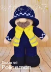Policeman knitting pattern. Knitted toy doll approximately 32cm tall, featuring a blue uniform, black shoes, and a yellow vest, embodying a law enforcement theme.