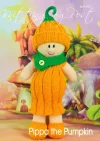 Pippa the Pumpkin knitting pattern. Halloween-themed knitted toy doll approximately 35cm tall, featuring a pumpkin-inspired orange dress, green hat, and a cheerful expression.
