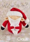 Claus knitting pattern. Christmas-themed knitted toy approximately 19cm tall, featuring a red suit, white beard, and black boots, embodying the classic Santa Claus.