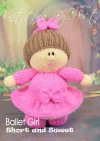 Short and Sweet Ballet Girl knitting pattern. Cream-colored knitted toy doll approximately 21cm tall, featuring brown hair, a pink ballet dress, and white ballet shoes.