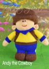 Andy the Cowboy toy knitting pattern. Knitted figure representing a cowboy, wearing a brown hat, blue shirt, brown waistcoat, and blue neckerchief. USA rodeo themed