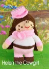 Helen the Cowgirl toy knitting pattern. Knitted doll wearing a pink hat, white top, pink trousers, and brown boots, USA themed approximately 35cm tall.