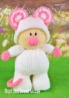 Hand-knitted white toy mouse with pink and white coloured ears and pink nose, made using the Short and Sweet Mouse knitting pattern.