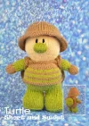 Hand-knitted green and brown turtle with a rounded shell and short limbs, made using the Short and Sweet Turtle toy knitting pattern. Buy the knitting pattern to create your own knitted turtle.