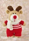 Ruben the Reindeer toy knitting pattern. Knitted light brown reindeer with dark brown antlers, wearing a red and white striped scarf