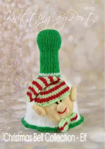 Elf Bell knitting pattern – green and white knitted Christmas bell decoration with elf face and red accents, approximately 17cm tall, knitted with double knitting yarn.