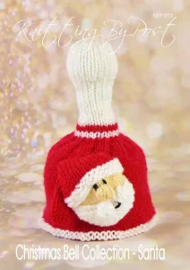Santa Christmas Bell knitting pattern – red and white knitted Christmas bell decoration featuring Santa's face, approximately 17cm tall, knitted with double knitting yarn.
