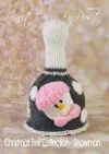 Snowman Bell knitting pattern – grey knitted bell-shaped Christmas decoration featuring a white snowman face with a pink hat, approximately 17cm tall, knitted with double knitting yarn.