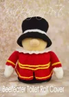 Beefeater toy knitting pattern. Knitted figure representing a Beefeater guard, wearing a red tunic, black hat, and white ruff, designed as a toilet roll cover, approximately 24cm tall.
