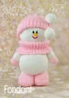 Fondant the Snowman knitting pattern – white knitted snowman soft toy wearing a pink hat and scarf, approximately 22cm tall, knitted with double knitting yarn